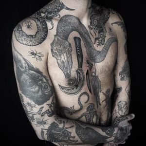 Some dark tattoos by Rafel Delalande #RafelDelalande #blackwork #medieval #dark #demon #macabre
