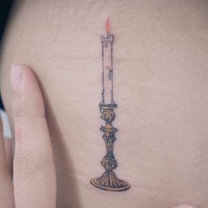 Candle tattoo by Baam krr #Baam #baamkrr #candletattoos #color #realism #realistic #illustrative #candle #flame #gold #filigree #light #candlestick