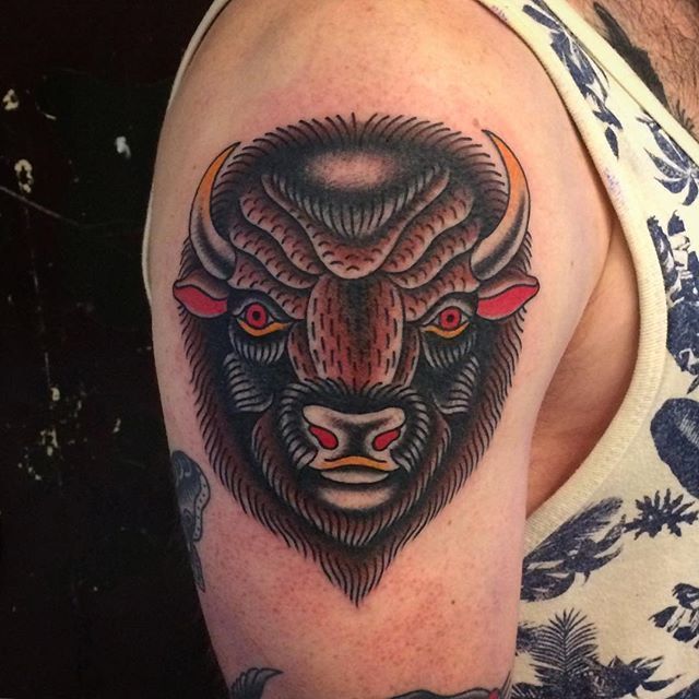 Old school Bison tattoo done by Alex Candela Black Market Tattoo Parlour  in Leicester UK  rtattoos
