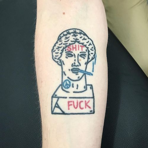 Too Cool Sculpture tattoo by The Magic Rosa #themagicrosa #funnytattoos #linework #illustrative #text #smoking #peacesign #sculpture #bust #head #face #shit #fuck #cigarette #peace