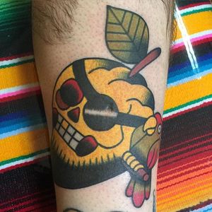Traditional pirate mango with a pet parrot. By @sharkytattoos. #traditional #mango #fruit #pirate #parrot #sharkytattoos