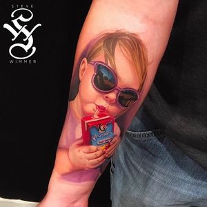 Rad looking portrait of a little girl rockin' a pair of shades and some punch! Tattoo by Steve Wimmer. #SteveWimmer #portraittattoo #realistic #colortattoo #fruitpunch #shades #childportrait