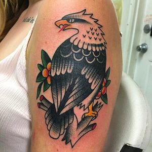 Bold classic eagle tattoo by Janitor Jake. #JanitorJake #HatCityTattoo #traditional #boldtattoos #eagle #blossoms