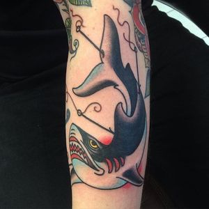 Harpooned Shark Tattoo by Johann Morel #harpoonedshark #shark #traditional #JohannMorel