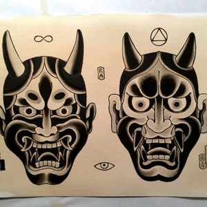 Classic Japanese demon masks always a staple in oriental design. Tattoo design by Chris O'Donnell. #ChrisODonnell #TraditionalJapanese #KingsAvenueTattoo #NewYorkTattooer #oriental #easternculture #hanyamask #asianart #illustration
