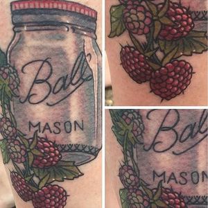 For lovers of homemade raspberry jam. Tattoo by Seth Rock. #raspberry #fruit #masonjar #SethRock