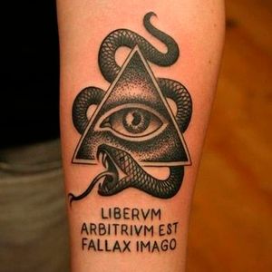 Free will is an illusion tattoo by Nathan Kostechko Photo from Pinterest #eye #thirdeye #allseeingeye #esoteric #blackandgrey #blackwork #snake #NathanKostechko