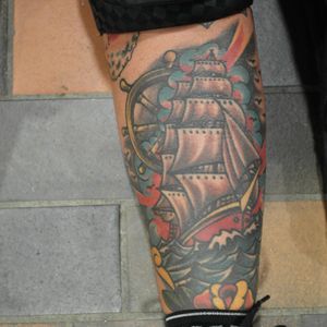 Ships are a classic motif in Denmark, this one was done by Frank Rosenkilde at Bel Air Tattoo in Copenhagen #ship #danish #FrankRosenkilde #Copenhagen #rollerderby #tattooedathletes