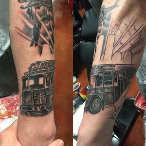 Fire truck with the city behind in process, by Sean Surden #firefightertattoo #firetruck