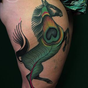 Creative horse tattoo by Imrich Kovacs #ImrichKovacs #traditional #horse #feather #peacockfeather