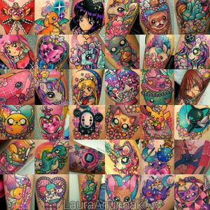 A collage of Laura Anunnaki's super cute tattoos (IG—anunnakitattoo). #anime #cute #cartoons #glittery #LauraAnunnaki #sparkly