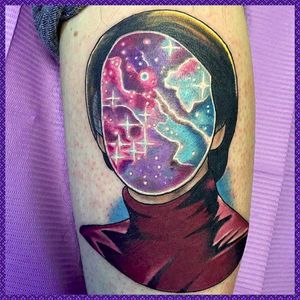 Carl Sagan with cosmic face by Micah Harold (via IG -- micahharold_tattoo) #michahharold #sagan #carlsagan #carlsagantattoo #cosmos
