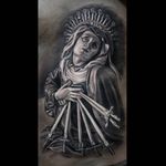 Amazing shading technique utilized on thisOur Lady of Sorrows tattoo done by Anastasia Forman. #AnastasiaForman #realistic #blackandgray #sevenswords #ourladyofsorrows