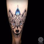 Wolfie by Coen Mitchell #CoenMitchell #blackandgrey #color #linework #dots #wolf #dog #nature #jewel #pattern #ornamental #tattoooftheday