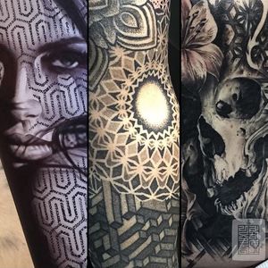 Pattern sleeve tattoos by Joz #Joz #MarkJoslin #mandala #blackwork #dotwork #blackandgrey (Photo: Instagram @joz100)