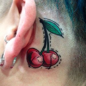 Cherry tattoo by Chris Molinuevo. #cherry #fruit #sweet #sketch #behindtheear #ChrisMolinuevo