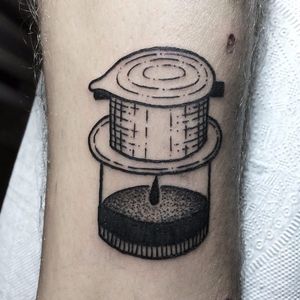 Barista-insipired tattoo by anspham on Instagram. #blackwork #coffee #barista #caffeine #coffeelover #coffeepot