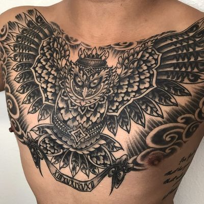King Owl by Maneen #Maneen #blackandgrey #traditional #owl #feathers #wings #crown #familycrest #banner #romannumerals #clouds #light #tattoooftheday