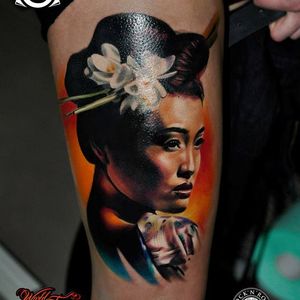 Striking portrait of a Japanese Geisha. Tattoo by Gorsky Tattoos. #DamianGorski #GorskyTattoos #colorrealism #realism #hyperrealism #geisha