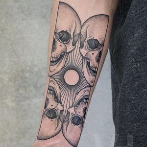Skulls tattoo by Valentin Hirsch #ValentinHirsch #blackworktattoo #blackwork #linework #dotwork #illustrative #skulls #sun #light #death