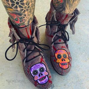 Hand-painted Skulls on Moccasin Shoes by Guz @LilGuz #LilGuz #Handpainted #Tattooed #Shoes #Tattooedshoes #Handpaintedshoes #Art #TattooArt #Moccasins #GuzMoccasins #Sugarskull #Skulls #artshare