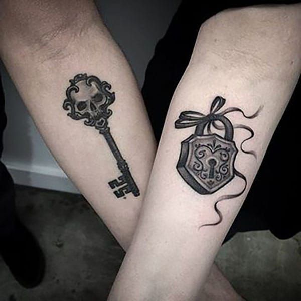 Black Ink Skull Key Tattoo Design For Half Sleeve