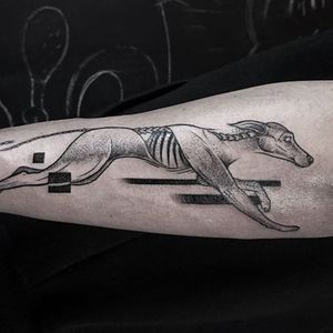 Abstract blackwork greyhound tattoo by Gabor Zolyomi. #abstract #blackwork #dotwork #dog #greyhound #GaborZolyomi