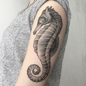 Sweet seahorse tattoo by Parvick Faramarz #ParvickFaramarz #dotwork #blackwork #seahorse