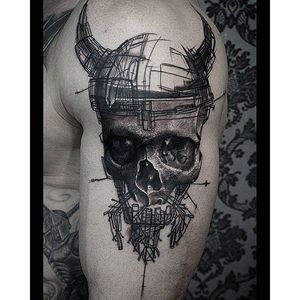 Alternative black and grey tattoo by Krzystof Sawicki. #KrzystofSawicki #blackandgrey #alternativ #sketch #skull #viking