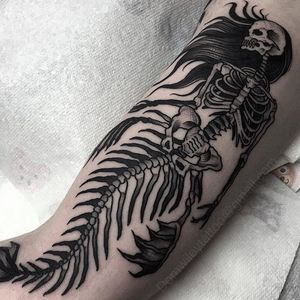 Mermaid Skeleton Tattoo by Dom Wiley #mermaid #skeleton #mermaidskeleton #blackworkmermaid #blackwork #blackink #darkart #DomWiley