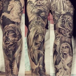 Black and white religious/mythological imagery by Anthony Jolon at Tattoo Boulevard (via IG—Anthony_Jolon) #AnthonyJolon #legsleeve #religoussleeve