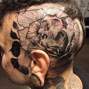 Badass skull and floral head tattoo Photo from Luc Suter on Instagram #LucSuter #BlackDiamondTattoo #LosAngeles #blackworker #fineline #realistic #skull #floral