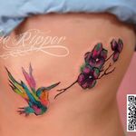 Watercolor hummingbird and flower tattoo by Debbie Ripper. #watercolor #DebbieRipper #bird #hummingbird #flower