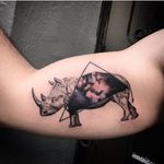 Rhino galaxy tattoo by Resul Odabaș. #ResulOdabas #dotwork #cosmic #cosmos #rhino #animal #triangle