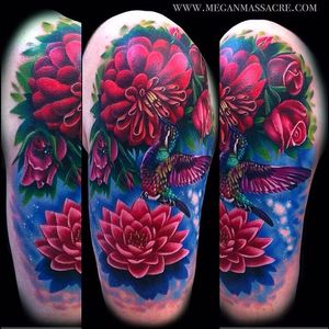 Bright & beautiful floral tattoo by Megan Massacre via @megan_massacre #floral #flowers #bird #nature #realistic #realism #MeganMassacre