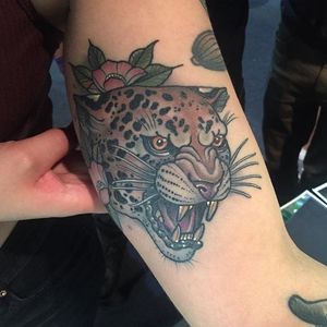 Ferocious leopard head tattoo by Jean Le Roux. #neotraditional #leopard #bigcat #leopardhead #JeanLeRoux