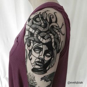 Blackwork Medusa Tattoo by Evel Qbiak #Blackwork #BlackworkTattoos #BlackInk #ContemporaryTattoos #ModernTattoos #BlackInk #BlackworkArtists #Medusa #Portrait #EvelQbiak