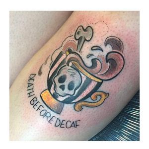 Death Before Decaf tattoo by Toni Gwilliam #ToniGwilliam #decaf #coffee #cup #skull