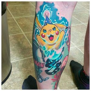 Electrifying Pikachu tattoo by Mitchel Von Trapp @Mitchelmonster #Mitchelvontrapp #Newschool #Fantasy #AtomicZombietattoo #Pikachu #Pokemon