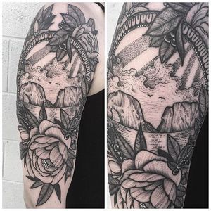 Calm and Serene Nature Tattoo by Kyle Stacher @thiefhands #KyleStacher #Thiefhands #Linework #Blackwork #Black #Lineworktattoo #Vancouver #Washington #Nature #Scenetattoo