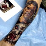 Awesome Evil Dead sleeve in process #ashwilliams #evildead #demons #gore #horrortattoo
