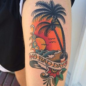 Traditional seascape with a sunset by James Clements (IG—jamesclements_tattoo). #seascape #sun #traditional #JamesClements
