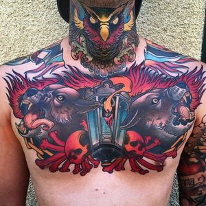 Wolf Chestpiece Tattoo by Jacob Wiman #NeoTraditional #NeoTraditionalTattoos #NeoTraditionalArtist #Wolf #chestpiece  #BoldTattoos #JacobWiman