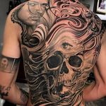 Tattoo by Jose Perez Jr #JosePerezJr #selftaughttattooartists #blackandgrey #realism #realistic #skull #death #thirdeye #portrait #lady #age #time #smoke #filigree #backpiece