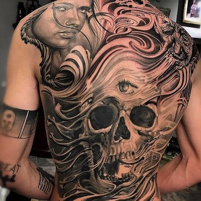 Tattoo by Jose Perez Jr #JosePerezJr #selftaughttattooartists #blackandgrey #realism #realistic #skull #death #thirdeye #portrait #lady #age #time #smoke #filigree #backpiece