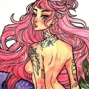 Close up of the pink lady via @jacquelindeleon #jacquelindeleon #fineartist #illustration #tattoodobabes #mermaid