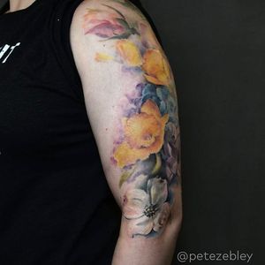 Half sleeve flower tattoo by Pete Zebley #PeteZebley #flower #flowers #realism #photorealism #realistic