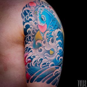 Blue koi by Mike Rubendall #MikeRubendall #Japanese #Japanesetraditional #koi #color #waves #ocean #sealife #fish #scales #tattoooftheday