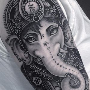 Punk rock Ganesha by Flo Nuttall #FloNuttall #Hinduism #Ganesha #blackandgrey #realistic #elephant #punk #80s #ornamental #jewelry #unalome #om #dotwork #neotraditional #tattoooftheday