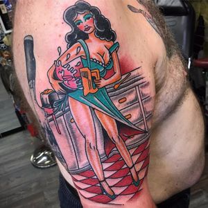 Lady in the kitchen by Ross Nagle #RossNagle #traditional #color #pinup #lady #kitchen #toaster #baker #food #foodtattoos #babe #tattoooftheday